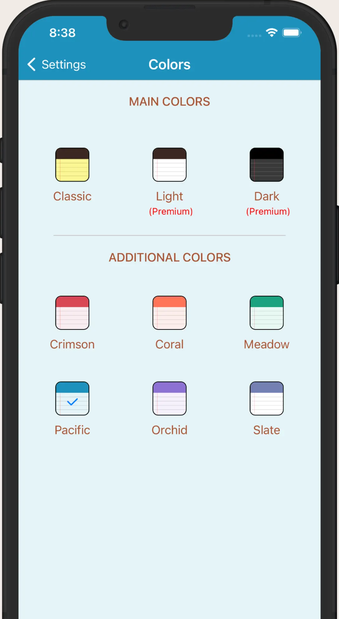 Theme picker showing nine beautiful color options