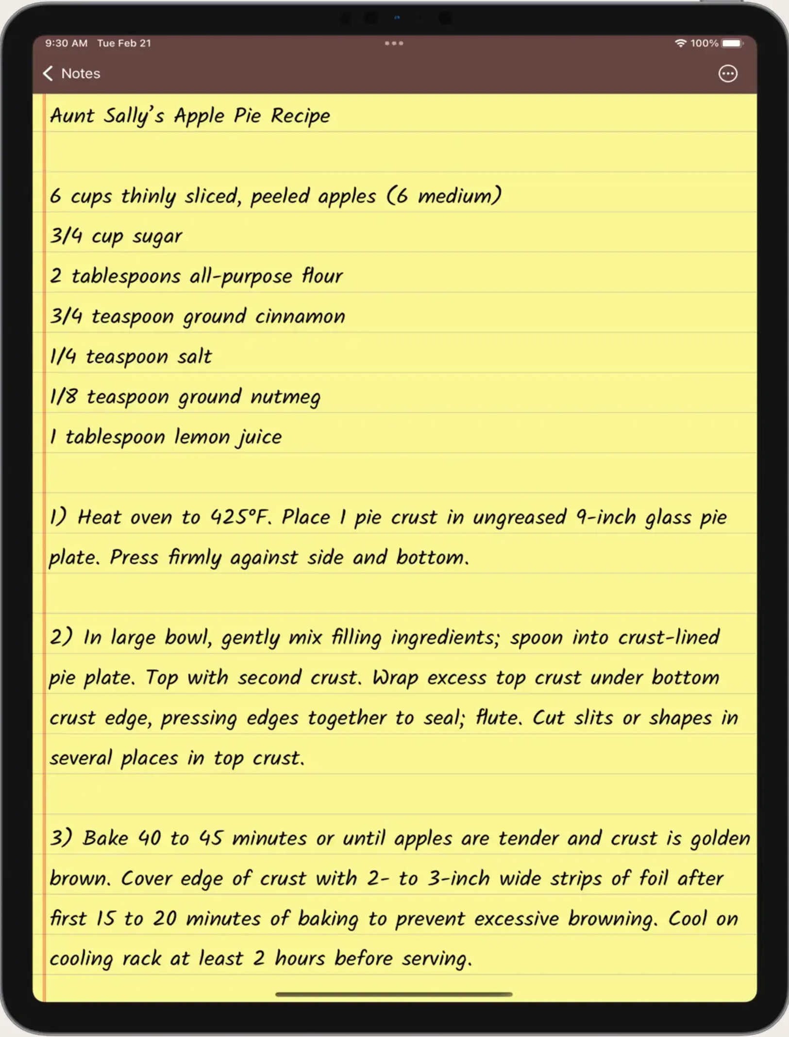 Notepad app showing the classic yellow notepad with a recipe
