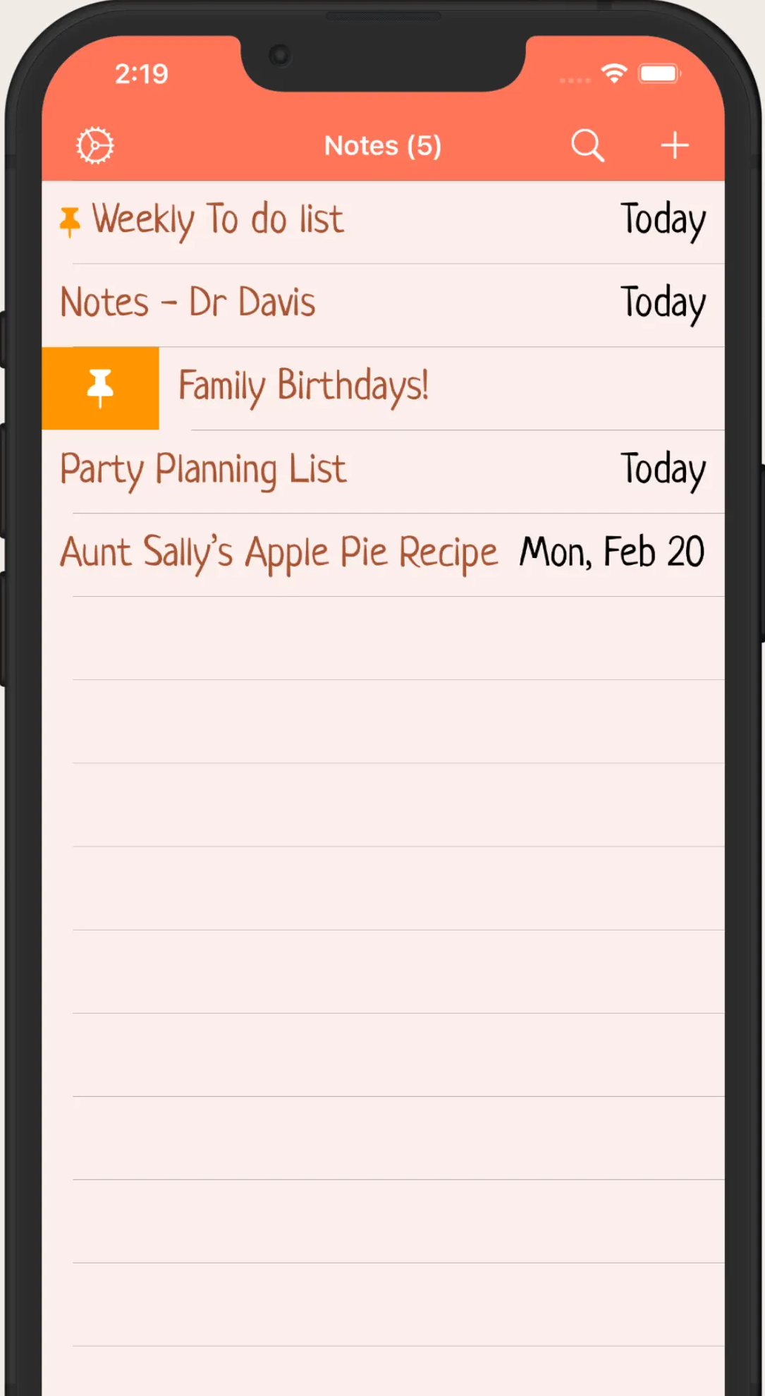 Organized notes list with pinned items and color-coded folders